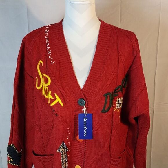 NWT Chou Yatou "Sport Dream" Cable Knit Embroidered Cardigan - Picture 4 of 8